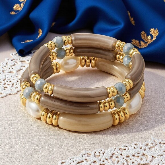 🆕Stacked Acrylic Bracelets w/ Pearls Chunky Retro Y2K Look Boho Luxe Vibe - Picture 5 of 9